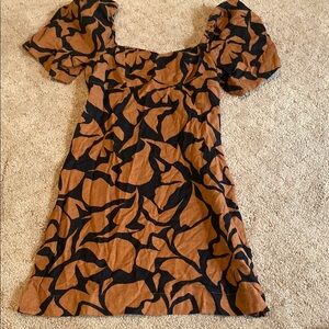 Black and Brown Patterned Linen Puff Sleeve Dress